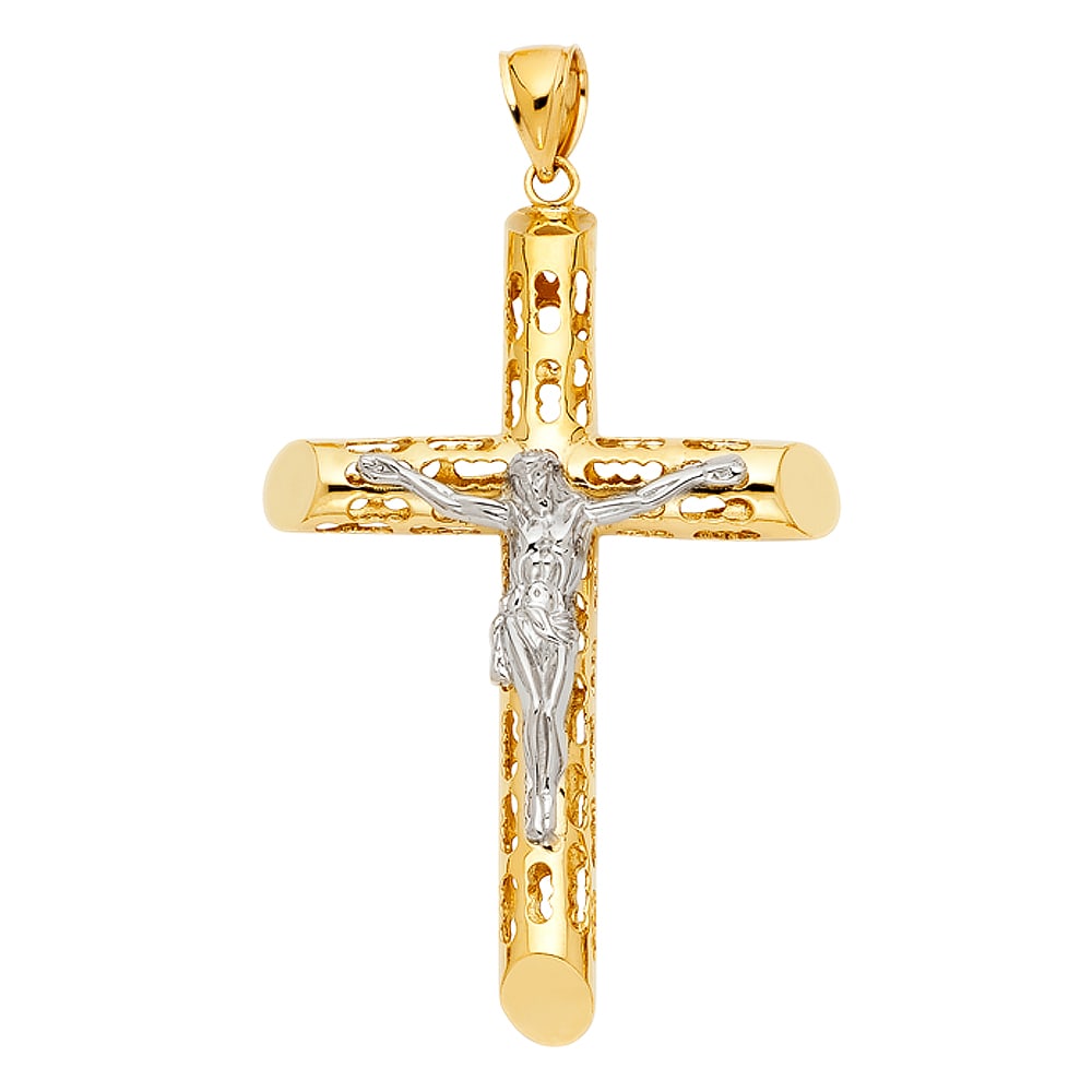 14K 2T CUT OUT CRUCUFIX PENDANT: 14K 2T Cut Out Crucufix Pendant Type: Pendant Material Type: 14k Gold Material Color: Two Tone Avg. Weight: 9.25 Gr. Size: Height : 80 mm,Width : 45 mm Accessories: None Notice: When purchasing