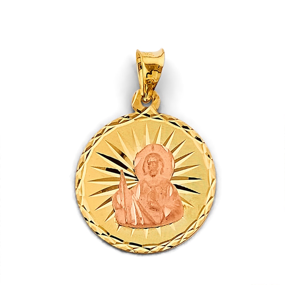 14K 2T STAMP ST. JUDE PENDANT: 14K 2T Stamp St. Jude Pendant Type: Pendant Material Type: 14k Gold Material Color: Two Tone Avg. Weight: 2.41 Gr. Size: Height : 30 mm, Width : 20 mm Accessories: None Notice: When purchasing