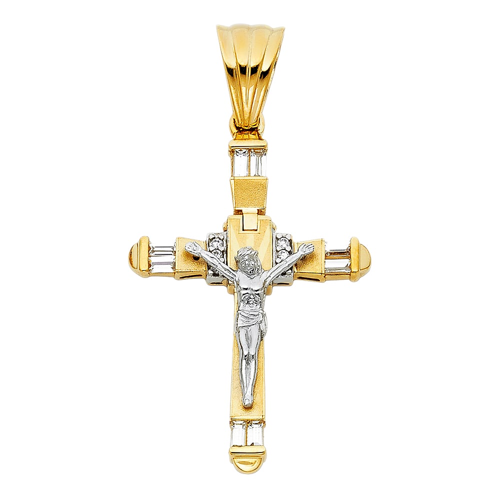 14K 2T CZ FANCY CRUCUFIX PENDANT: 14K 2T CZ Fancy Crucufix Pendant Type: Pendant Material Type: 14k Gold Material Color: Two Tone Avg. Weight: 6.83 Gr. Size: Height : 45 mm,Width : 32 mm Accessories: None Notice: When purchasing