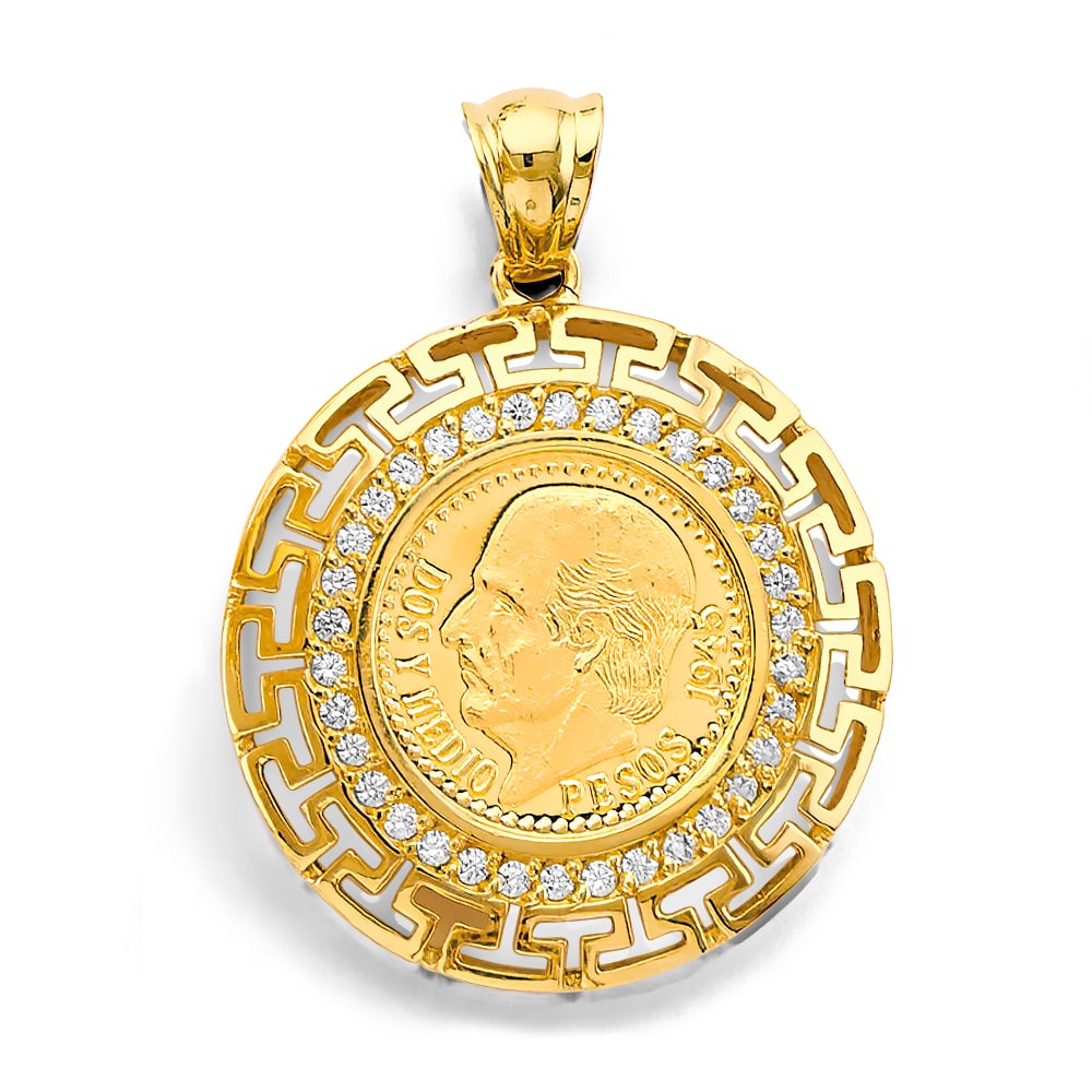 14KY CZ GREEK COIN PENDANT/SET: 14KY CZ Greek Coin Pendant/Set Type: Pendant Material Type: 14k Gold Material Color: Yellow Avg. Weight: 6.71 Gr. Size: Height : 35 mm, Width : 25 mm Accessories: None Notice: When purchasing