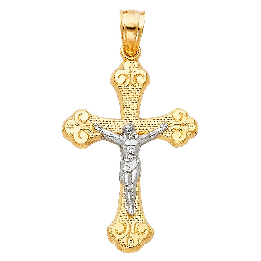 14K 2T CRUCUFIX PENDANT: 14K 2T Crucufix Pendant Type: Pendant Material Type: 14k Gold Material Color: Two Tone Avg. Weight: 1.3 Gr. Size: Height : 29 mm Width : 20 mm Accessories: None Notice: When purchasing pre-owned