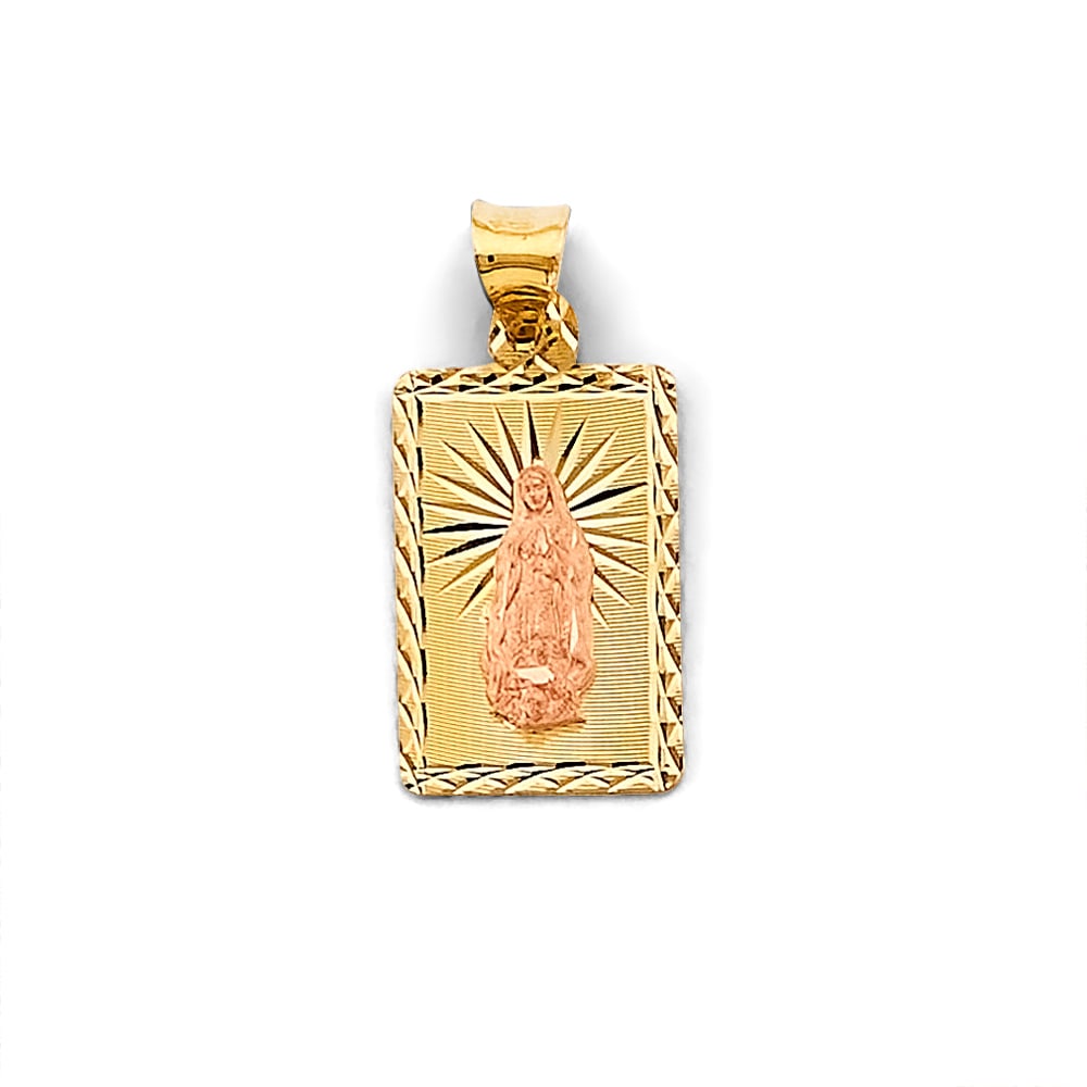 14K 2T STAMP GUADALUPE PENDANT: 14K 2T Stamp Guadalupe Pendant Type: Pendant Material Type: 14k Gold Material Color: Two Tone Avg. Weight: 1.15 Gr. Size: Height : 23 mm, Width : 10 mm Accessories: None Notice: When purchasing
