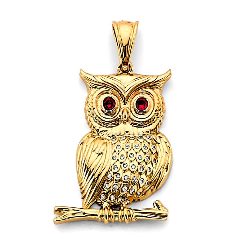 14KY CZ OWL PENDANT: 14KY CZ Owl Pendant Type: Pendant Material Type: 14k Gold Material Color: Yellow Avg. Weight: 6.08 Gr. Size: Height : 40 mm, Width : 22 mm Accessories: None Notice: When purchasing pre-owned goods,