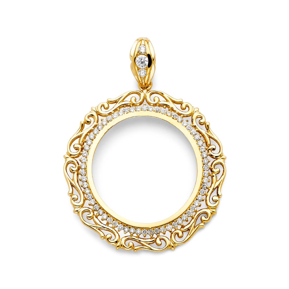 14KY ROUND CZ FRAME: 14KY Round CZ Frame Type: Pendant Material Type: 14k Gold Material Color: Yellow Avg. Weight: 16.52 Gr. Size: Height : 70 mm,Width : 55 mm Accessories: None Notice: When purchasing pre-own