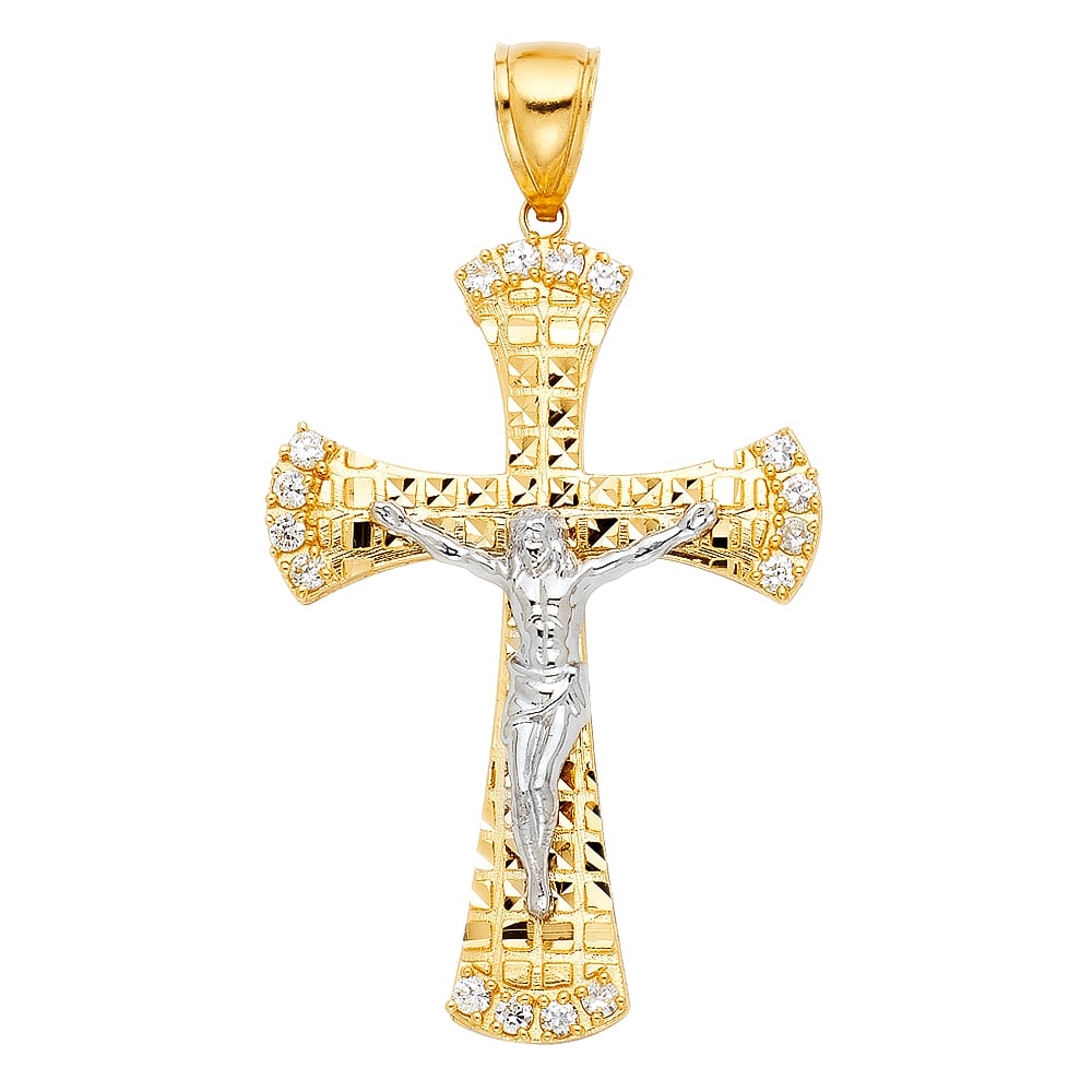 14K 2T CZ CUT OUT CRUCUFIX PENDANT: 14K 2T CZ Cut Out Crucufix Pendant Type: Pendant Material Type: 14k Gold Material Color: Two Tone Avg. Weight: 6.04 Gr. Size: Height : 50 mm,Width : 35 mm Accessories: None Notice: When purchasing