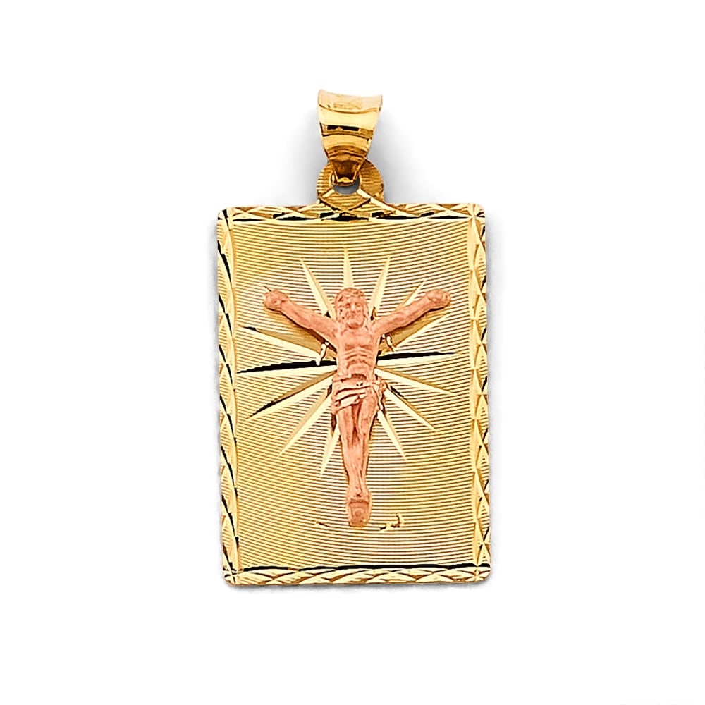 14K 2T STAMP JESUS CHRIST PENDANT: 14K 2T Stamp Jesus Christ Pendant Type: Pendant Material Type: 14k Gold Material Color: Two Tone Avg. Weight: 1.5 Gr. Size: Height : 30 mm, Width : 15 mm Accessories: None Notice: When purchasing