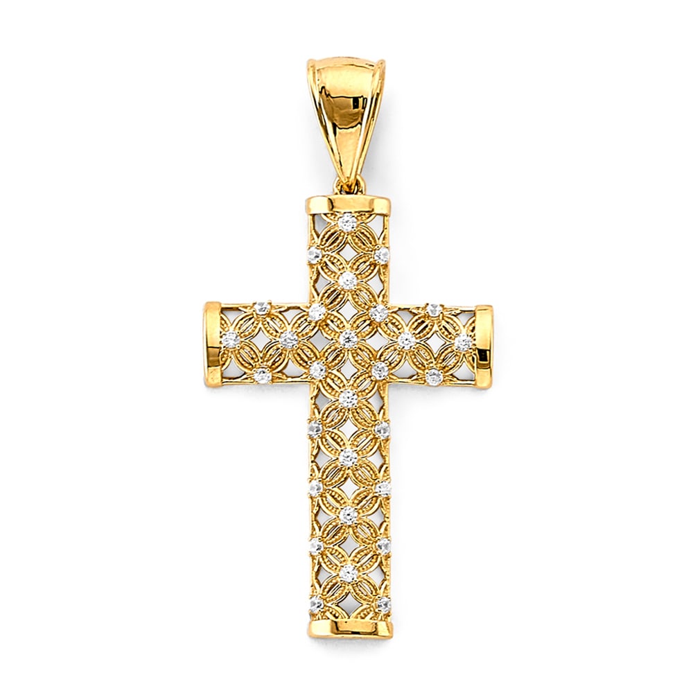 14K 2T CZ CROSS PENDANT: 14K 2T CZ Cross Pendant Type: Pendant Material Type: 14k Gold Material Color: Two Tone Avg. Weight: 3.66 Gr. Size: Height : 50 mm, Width : 25 mm Accessories: None Notice: When purchasing p