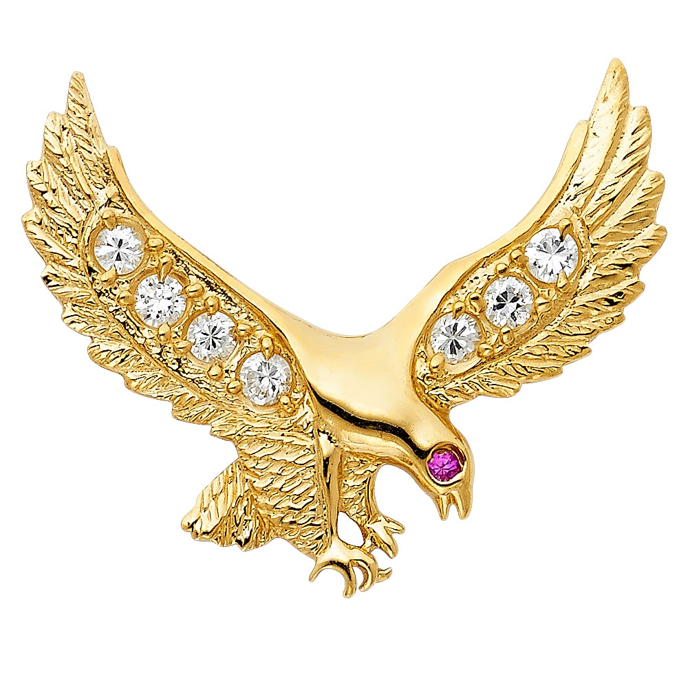 14KY CZ EAGLE PENDANT: 14KY CZ Eagle Pendant Type: Pendant Material Type: 14k Gold Material Color: Yellow Avg. Weight: 6.04 Gr. Size: Height : 35 mm,Width : 38 mm Accessories: None Notice: When purchasing pre-owned goods,