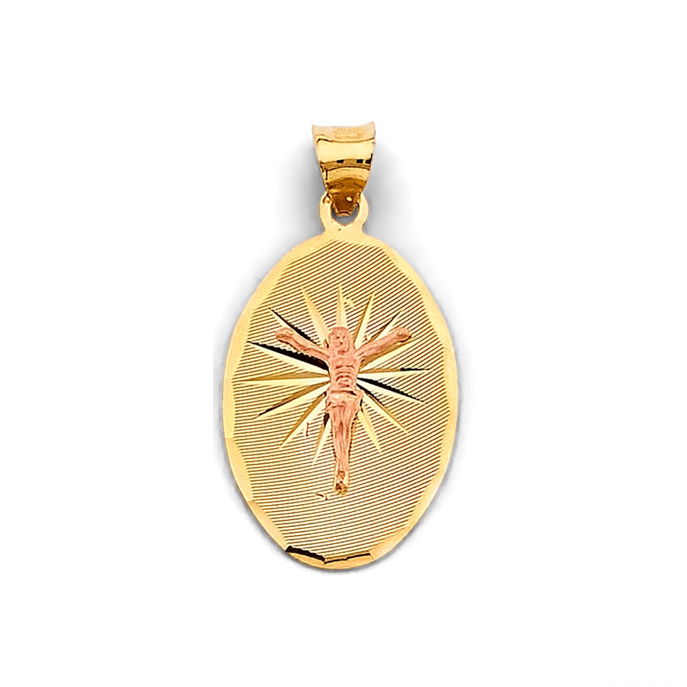14K 2T STAMP JESUS CHRIST PENDANT: 14K 2T Stamp Jesus Christ Pendant Type: Pendant Material Type: 14k Gold Material Color: Two Tone Avg. Weight: 1.52 Gr. Size: Height : 28 mm, Width : 15 mm Accessories: None Notice: When purchasing