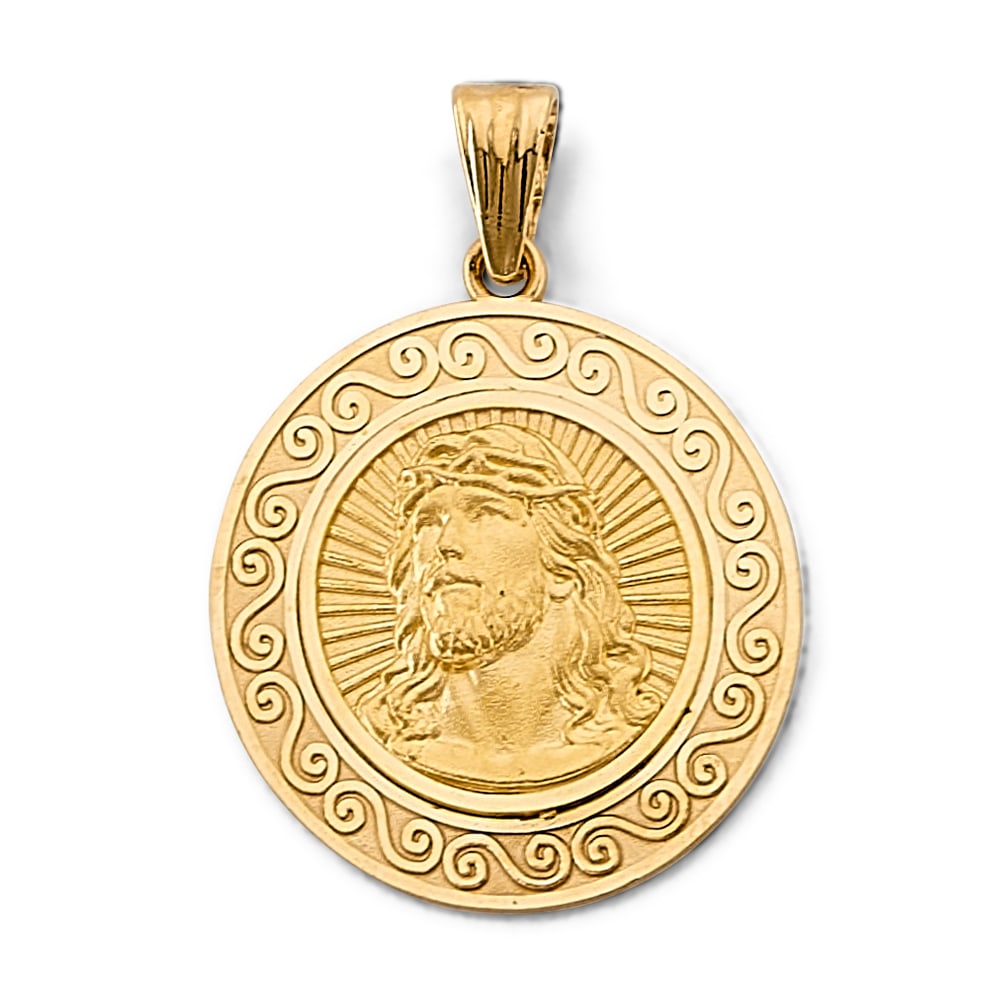 14KY ROUND JESUS PENDANT: 14KY Round Jesus Pendant Type: Pendant Material Type: 14k Gold Material Color: Yellow Avg. Weight: 4.35 Gr. Size: Height : 35 mm, Width : 25 mm Accessories: None Notice: When purchasing pre-owned