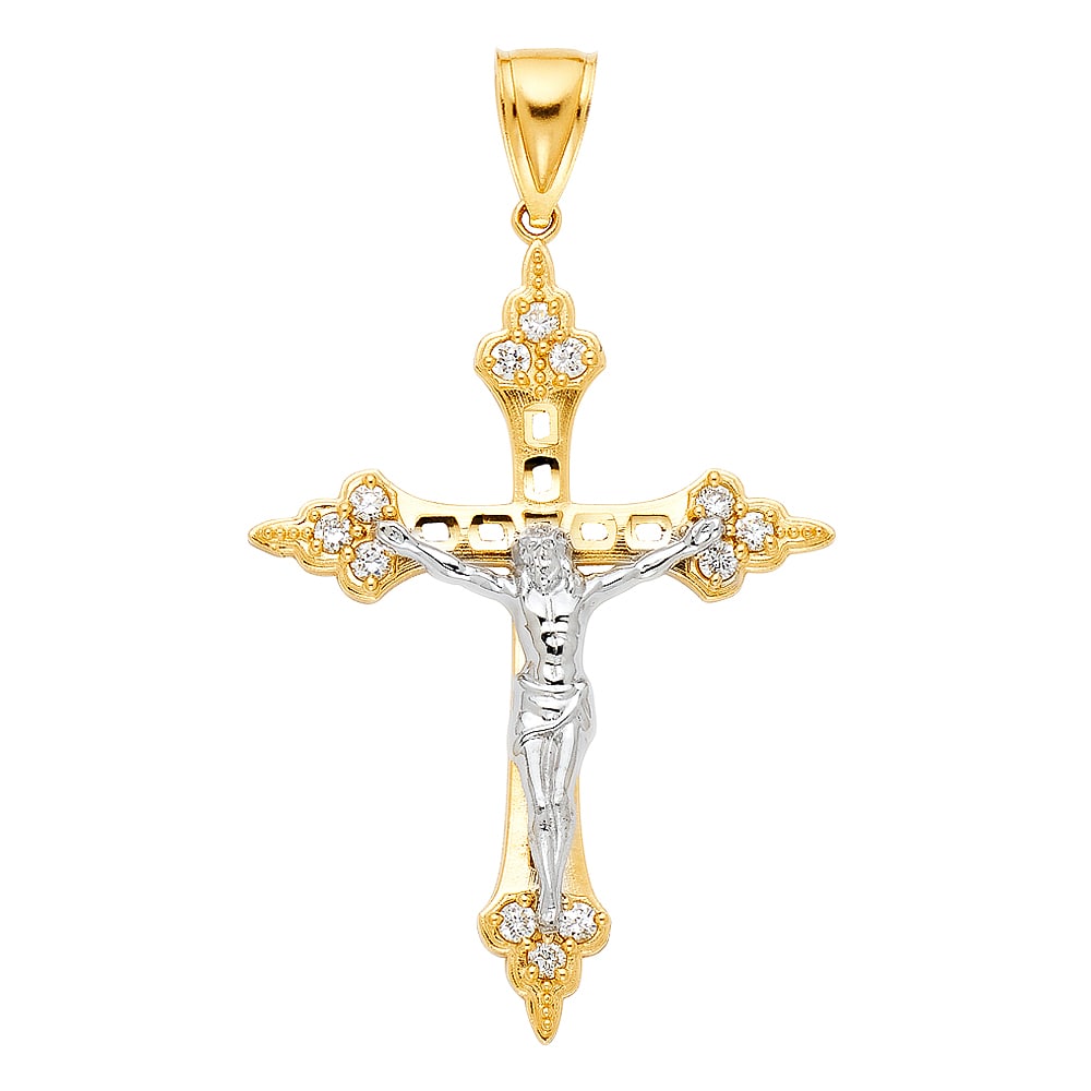 14K 2T CZ CUT OUT CRUCUFIX PENDANT: 14K 2T CZ Cut Out Crucufix Pendant Type: Pendant Material Type: 14k Gold Material Color: Two Tone Avg. Weight: 5.27 Gr. Size: Height : 50 mm,Width : 36 mm Accessories: None Notice: When pu