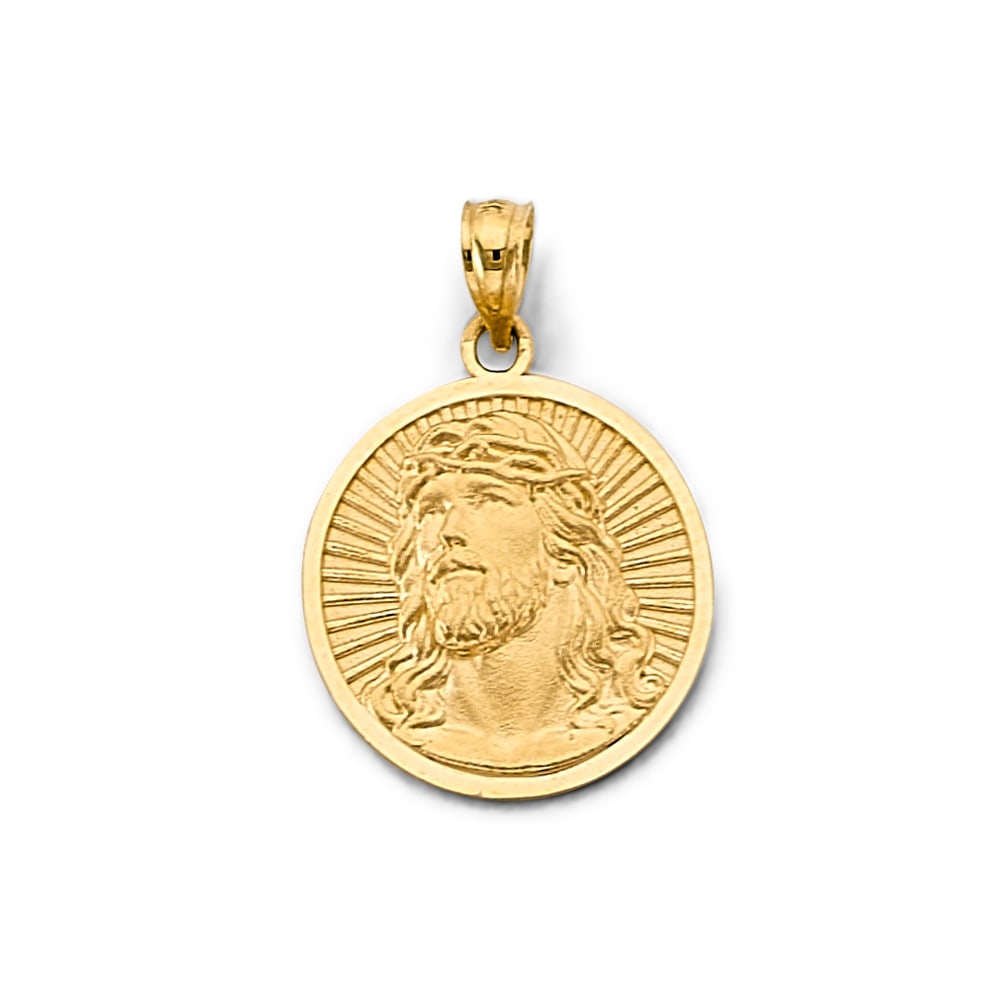 14KY ROUND JESUS PENDANT: 14KY Round Jesus Pendant Type: Pendant Material Type: 14k Gold Material Color: Yellow Avg. Weight: 2.12 Gr. Size: Height : 25 mm, Width : 17 mm Accessories: None Notice: When purchasing pre-owned