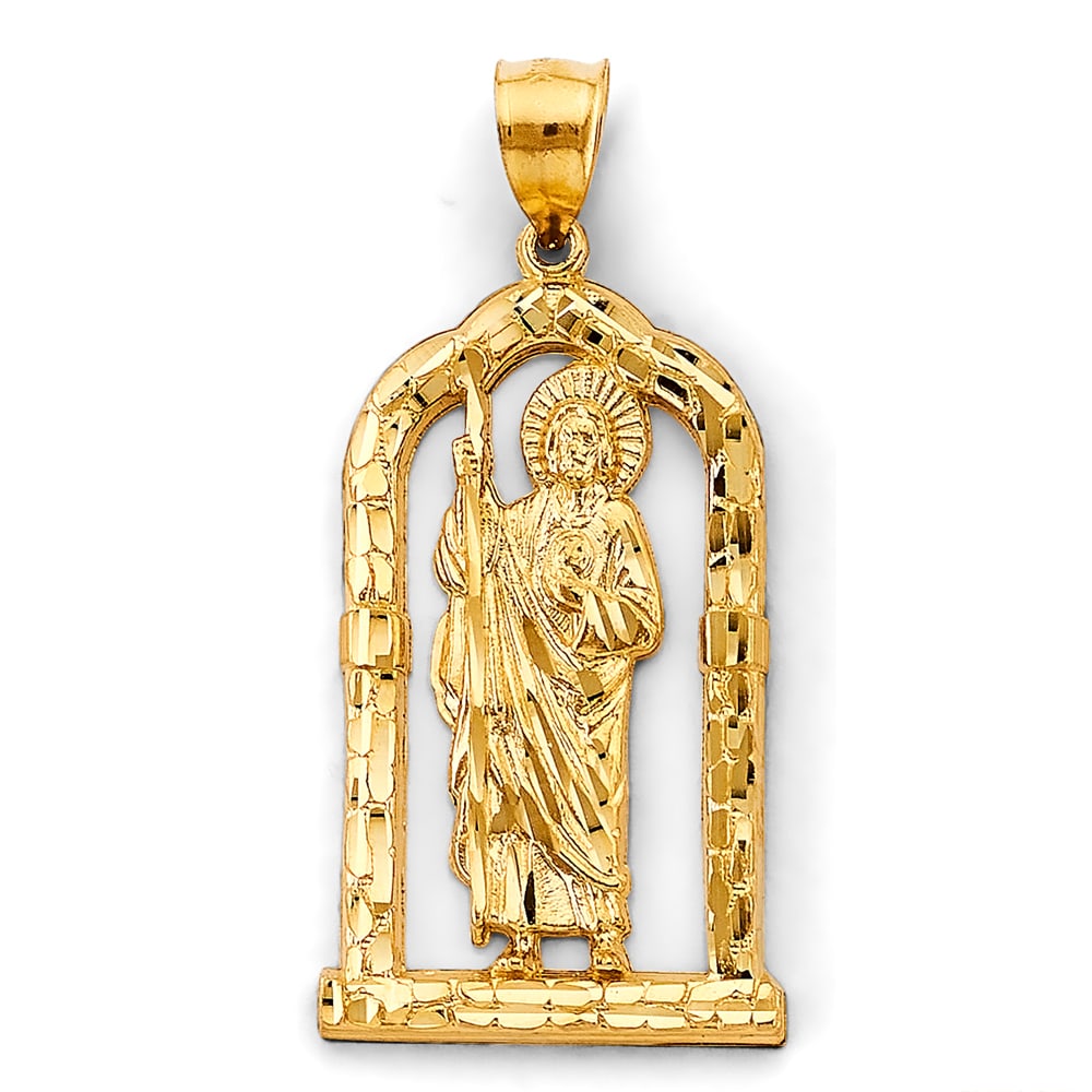 14KY ST. JUDE THADDEUS PENDANT: 14KY St. Jude Thaddeus Pendant Type: Pendant Material Type: 14k Gold Material Color: Yellow Avg. Weight: 7.64 Gr. Size: Height : 65 mm, Width : 25 mm Accessories: None Notice: When purchasing