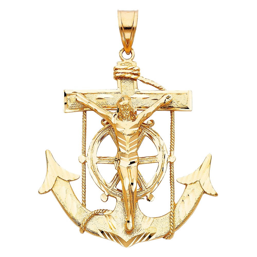 14KY MARINER CRUCUFIX PENDANT: 14KY Mariner Crucufix Pendant Type: Pendant Material Type: 14k Gold Material Color: Yellow Avg. Weight: 31.92 Gr. Size: Height : 66 mm,Width : 63 mm Accessories: None Notice: When purchasi