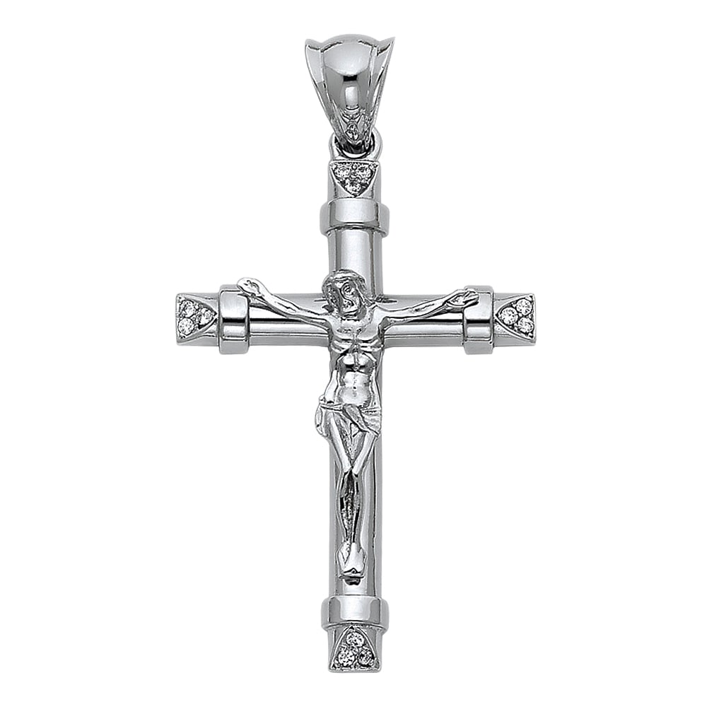 14KW CZ FANCY CRUCUFIX PENDANT: 14KW CZ Fancy Crucufix Pendant Type: Pendant Material Type: 14k Gold Material Color: White Avg. Weight: 6.52 Gr. Size: Height : 44 mm,Width : 30 mm Accessories: None Notice: When purchasing pre-owned