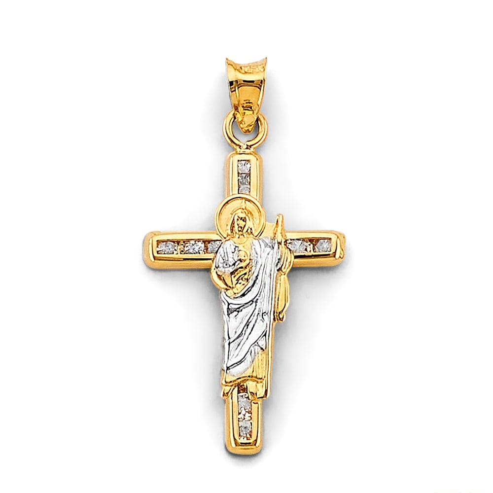 14K 2T CZ CROSS ST. JUDE THADDEUS PENDANT: 14K 2T CZ Cross St. Jude Thaddeus Pendant Type: Pendant Material Type: 14k Gold Material Color: Two Tone Avg. Weight: 1.23 Gr. Size: Height : 35 mm, Width : 17 mm Accessories: None Notice: When