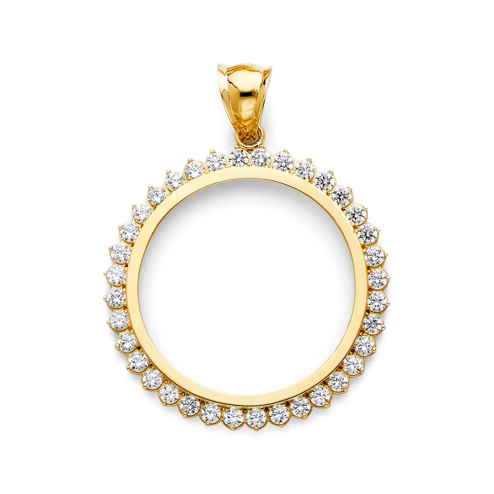 14KY ROUND CZ FRAME: 14KY Round CZ Frame Type: Pendant Material Type: 14k Gold Material Color: Yellow Avg. Weight: 11.03 Gr. Size: Height : 60 mm,Width : 45 mm Accessories: None Notice: When purchasing pre-owned goods,