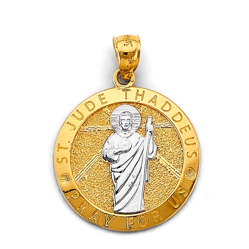 14K 2T ST. JUDE THADDEUS PENDANT: 14K 2T St. Jude Thaddeus Pendant Type: Pendant Material Type: 14k Gold Material Color: Two Tone Avg. Weight: 3.22 Gr. Size: Height : 35 mm, Width : 25 mm Accessories: None Notice: When purchasing