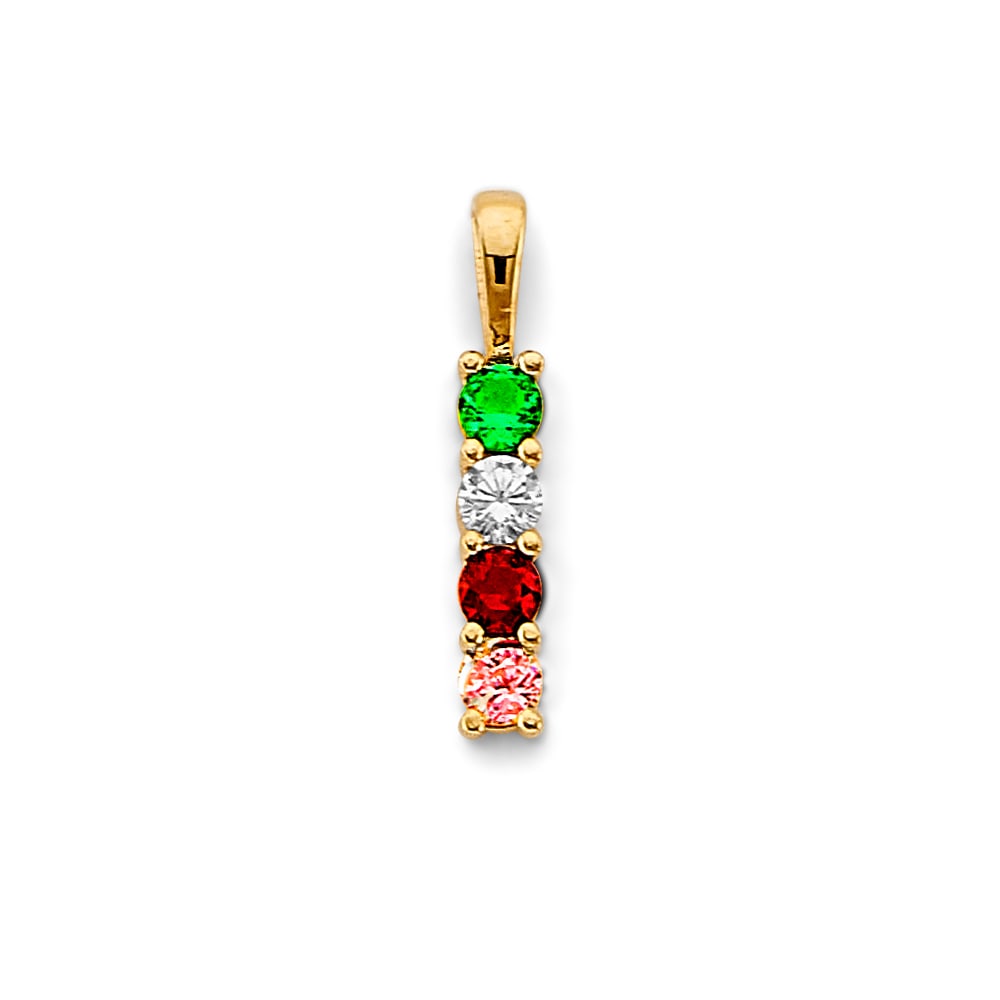 14KY CZ 4 STONE MONTH PENDANT: 14KY CZ 4 Stone Month Pendant Type: Pendant Material Type: 14k Gold Material Color: Yellow Avg. Weight: 0.91 Gr. Size: Height : 23 mm, Width : 3 mm Accessories: None Notice: When purchasing pre-owned