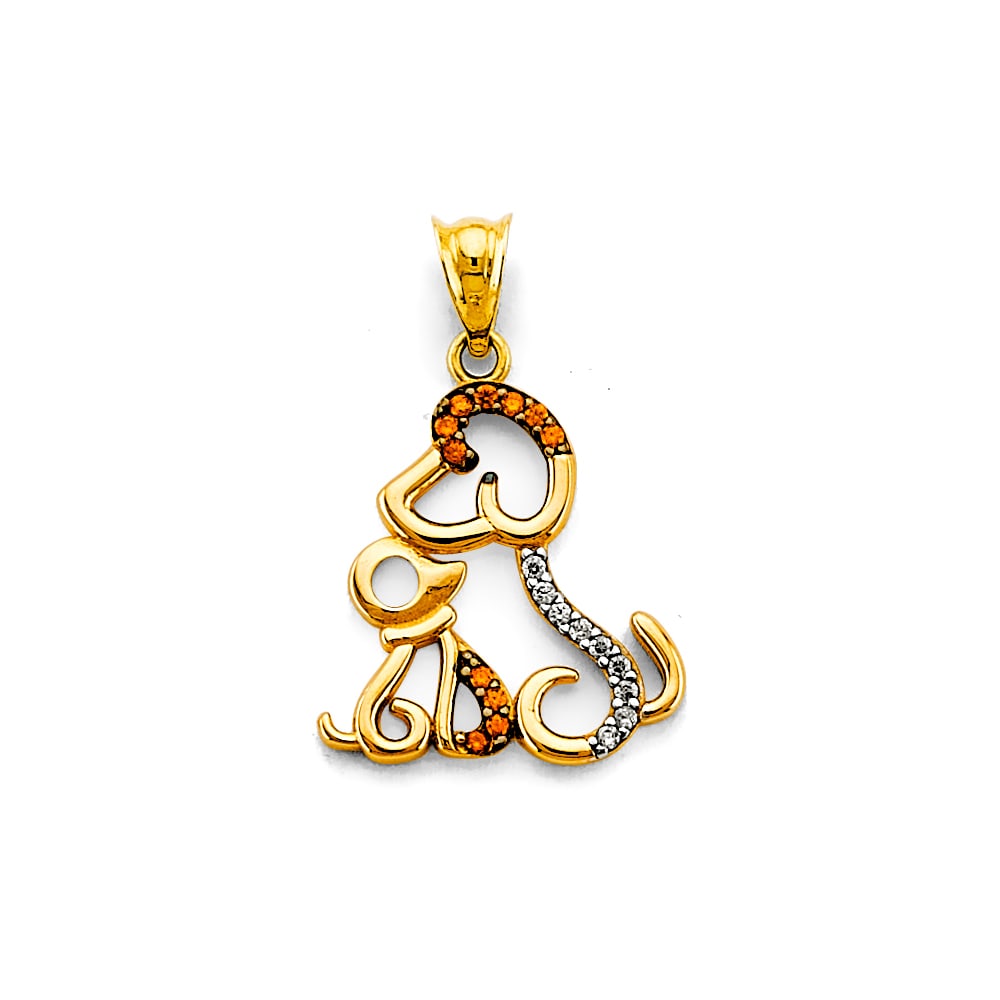 14K 2T CZ DOG PENDANT: 14K 2T CZ Dog Pendant Type: Pendant Material Type: 14k Gold Material Color: Two Tone Avg. Weight: 1.11 Gr. Size: Height : 23 mm, Width : 15 mm Accessories: None Notice: When purchasing pre-owned