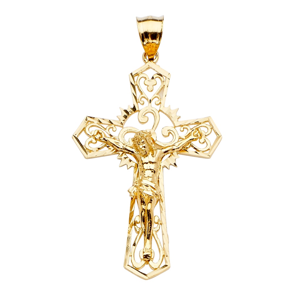 14KY CRUCUFIX CROSS PENDANT: 14KY Crucufix Cross Pendant Type: Pendant Material Type: 14k Gold Material Color: Yellow Avg. Weight: 5.61 Gr. Size: Height : 56 mm,Width : 33 mm Accessories: None Notice: When purchasing pre-owned