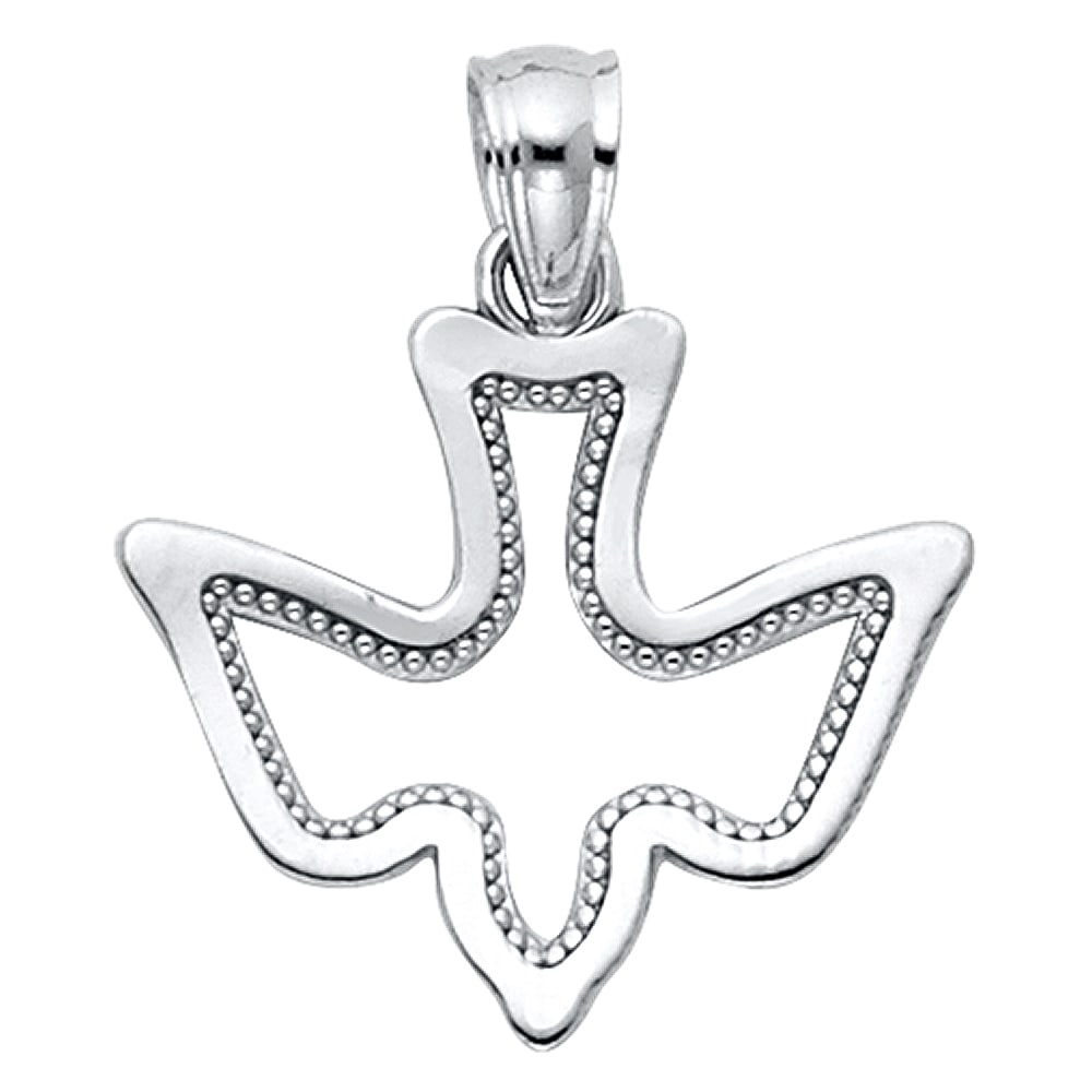 14KW ESPIRITU SANTO DOVE PENDANT: 14KW Espiritu Santo Dove Pendant Type: Pendant Material Type: 14k Gold Material Color: White Avg. Weight: 0.72 Gr. Size: Height : 15 mm,Width : 17 mm Accessories: None Notice: When purchasing