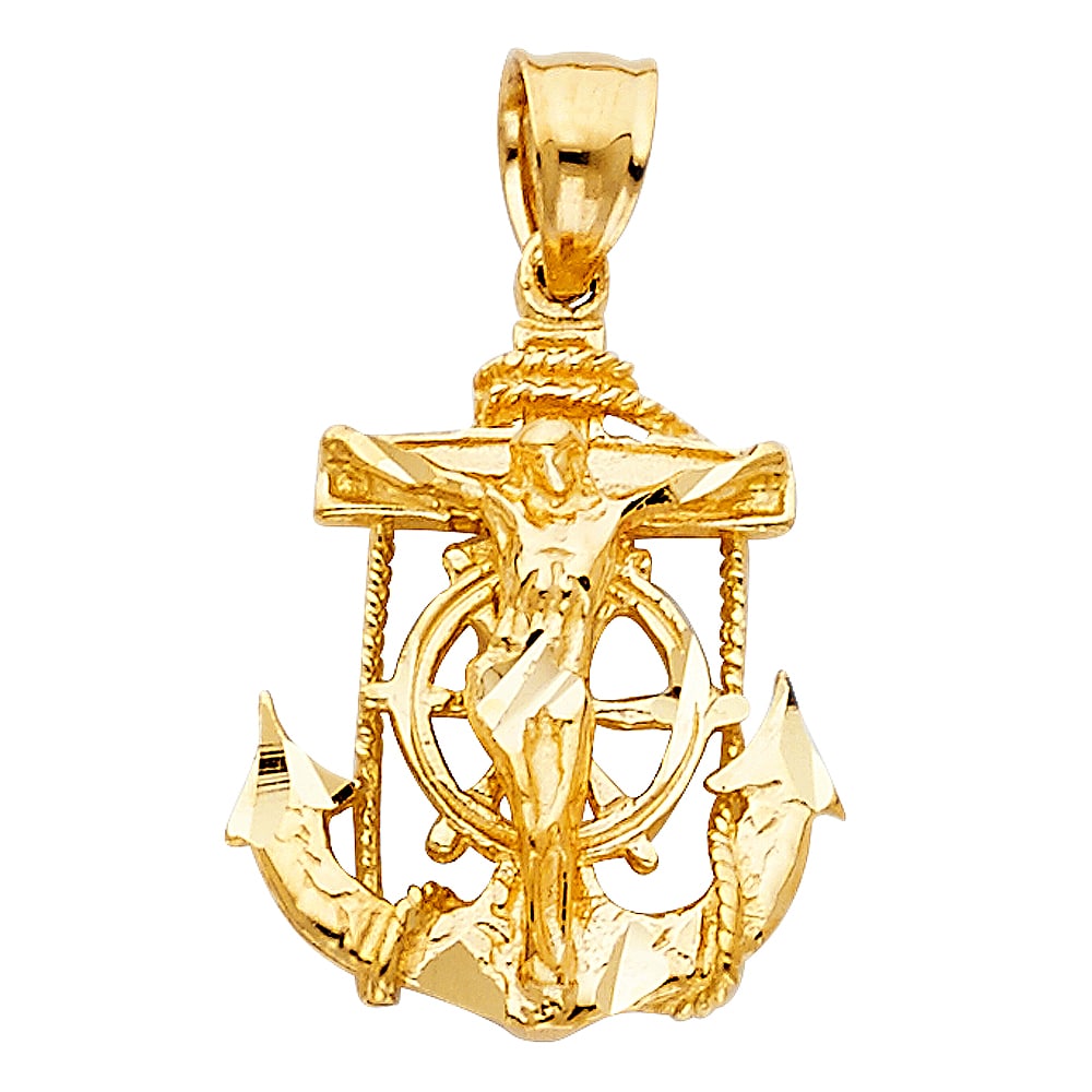 14KY MARINER CRUCUFIX PENDANT: 14KY Mariner Crucufix Pendant Type: Pendant Material Type: 14k Gold Material Color: Yellow Avg. Weight: 1.89 Gr. Size: Height : 19 mm,Width : 16 mm Accessories: None Notice: When purchasing pre-owned