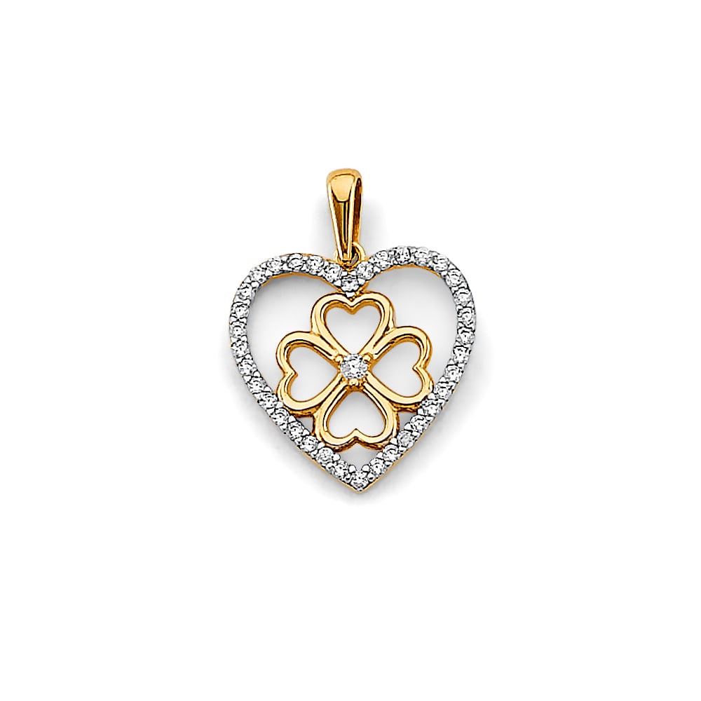 14K 2T CZ HEART FLOWER PENDANT: 14K 2T CZ Heart Flower Pendant Type: Pendant Material Type: 14k Gold Material Color: Two Tone Avg. Weight: 1.01 Gr. Size: Height : 20 mm, Width : 15 mm Accessories: None Notice: When purchasing