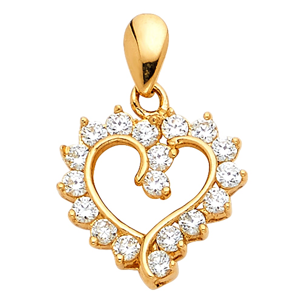 14KY CZ HEART PENDANT: 14KY CZ Heart Pendant Type: Pendant Material Type: 14k Gold Material Color: Yellow Avg. Weight: 0.97 Gr. Size: Height : 14 mm,Width : 13 mm Accessories: None Notice: When purchasing pre-owned goods,