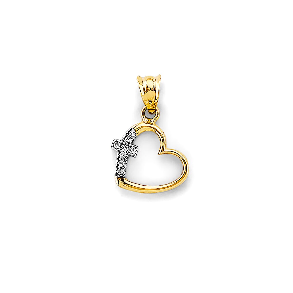 14K 2T CZ HEART WITH CROSS PENDANT: 14K 2T CZ Heart with Cross Pendant Type: Pendant Material Type: 14k Gold Material Color: Two Tone Avg. Weight: 0.61 Gr. Size: Height : 15 mm, Width : 10 mm Accessories: None Notice: When purchasing