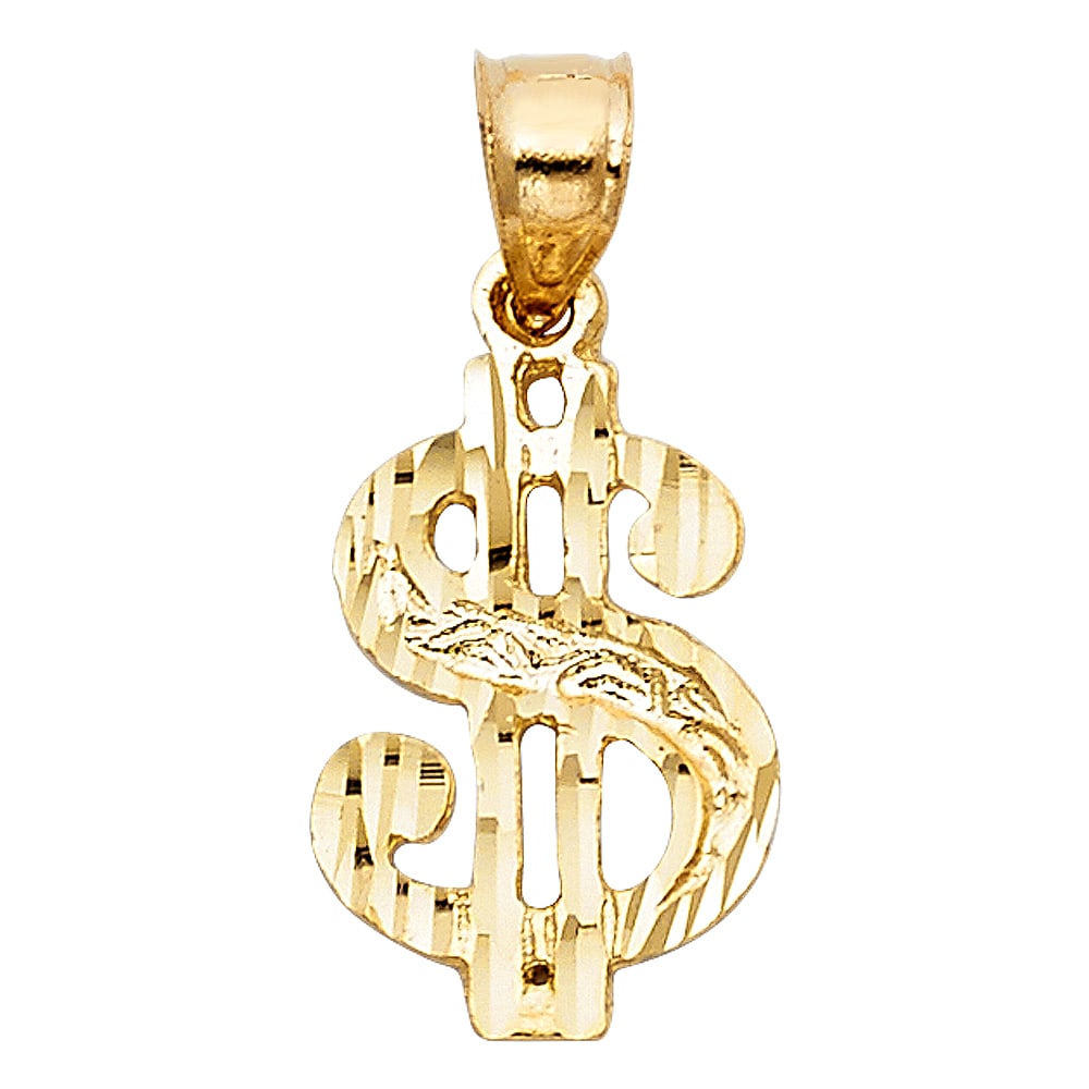 14KY DOLLAR SIGN PENDANT: 14KY Dollar Sign Pendant Type: Pendant Material Type: 14k Gold Material Color: Yellow Avg. Weight: 0.94 Gr. Size: Height : 17 mm,Width : 12 mm Accessories: None Notice: When purchasing pre-owned
