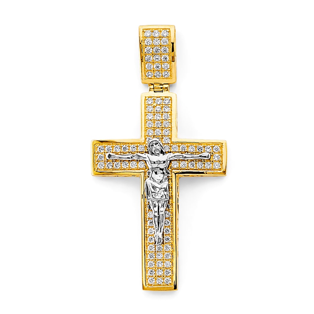 14K 2T CZ CRUCUFIX CROSS PENDANT: 14K 2T CZ Crucufix Cross Pendant Type: Pendant Material Type: 14k Gold Material Color: Two Tone Avg. Weight: 6.04 Gr. Size: Height : 50 mm, Width : 25 mm Accessories: None Notice: When purchasing