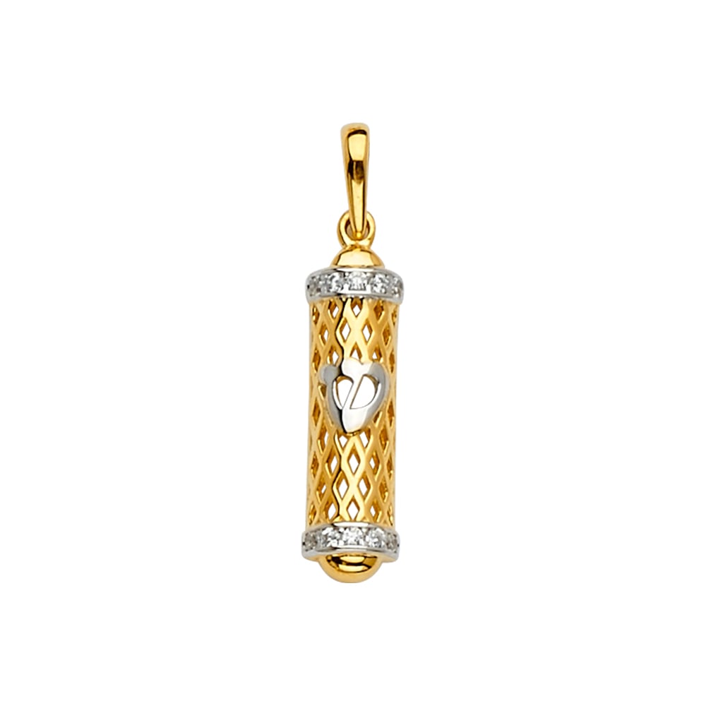 14K 2T MEZUZAH PENDANT: 14K 2T Mezuzah Pendant Type: Pendant Material Type: 14k Gold Material Color: Two Tone Avg. Weight: 1.15 Gr. Size: Height : 26 mm,Width : 5 mm Accessories: None Notice: When purchasing pre-owned