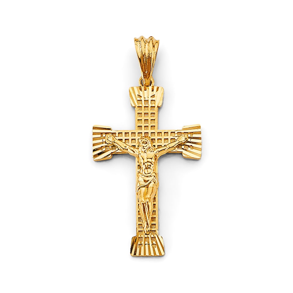14KY FANCY CRUCUFIX CROSS PENDANT: 14KY Fancy Crucufix Cross Pendant Type: Pendant Material Type: 14k Gold Material Color: Yellow Avg. Weight: 3.98 Gr. Size: Height : 45 mm, Width : 23 mm Accessories: None Notice: When purchasing