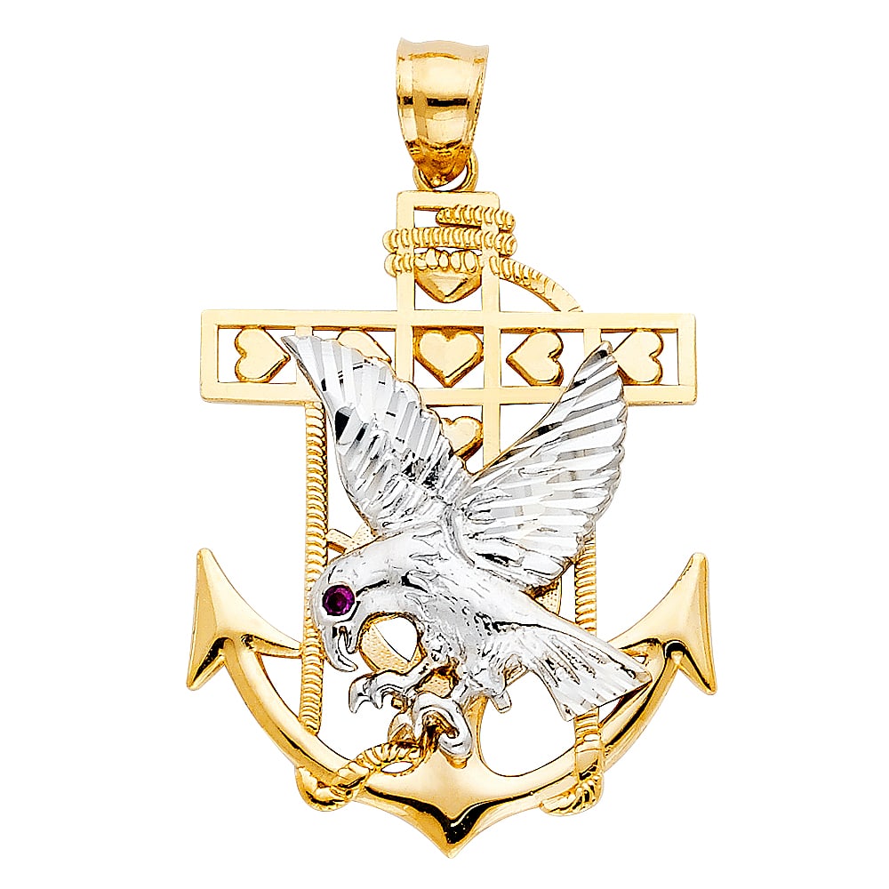 14K 2T MARINER EAGLE PENDANT: 14K 2T Mariner Eagle Pendant Type: Pendant Material Type: 14k Gold Material Color: Two Tone Avg. Weight: 5.5 Gr. Size: Height : 40 mm,Width : 25 mm Accessories: None Notice: When purchasing pre-owned