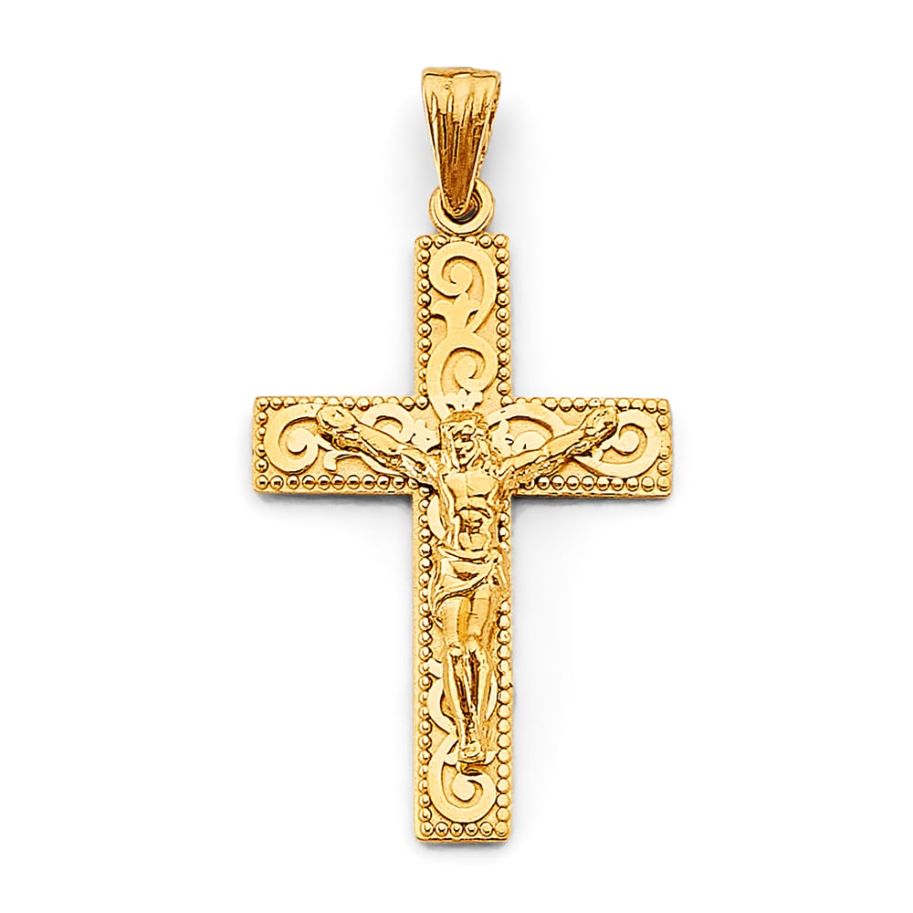 14KY FANCY CRUCUFIX CROSS PENDANT: 14KY Fancy Crucufix Cross Pendant Type: Pendant Material Type: 14k Gold Material Color: Yellow Avg. Weight: 4.2 Gr. Size: Height : 45 mm, Width : 23 mm Accessories: None Notice: When purchasing