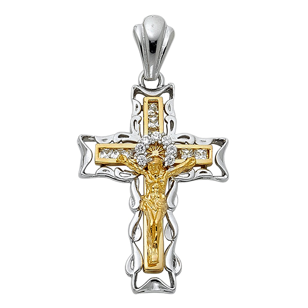 14K 2T CZ FANCY CRUCUFIX PENDANT: 14K 2T CZ Fancy Crucufix Pendant Type: Pendant Material Type: 14k Gold Material Color: Two Tone Avg. Weight: 5.45 Gr. Size: Height : 32 mm,Width : 23 mm Accessories: None Notice: When purchasing