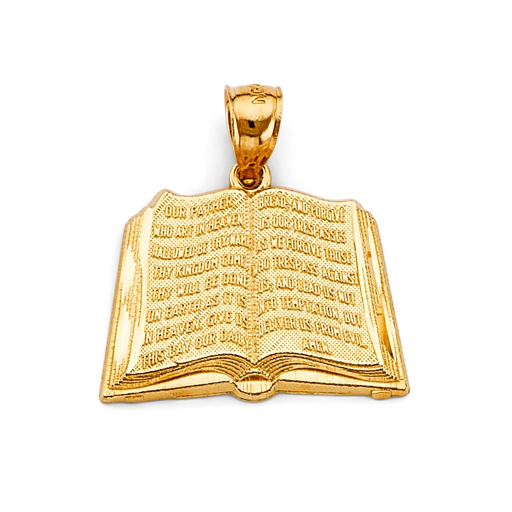 14KY BIBLE BOOK PENDANT: 14KY Bible Book Pendant Type: Pendant Material Type: 14k Gold Material Color: Yellow Avg. Weight: 2.56 Gr. Size: Height : 25 mm, Width : 25 mm Accessories: None Notice: When purchasing pre-owned