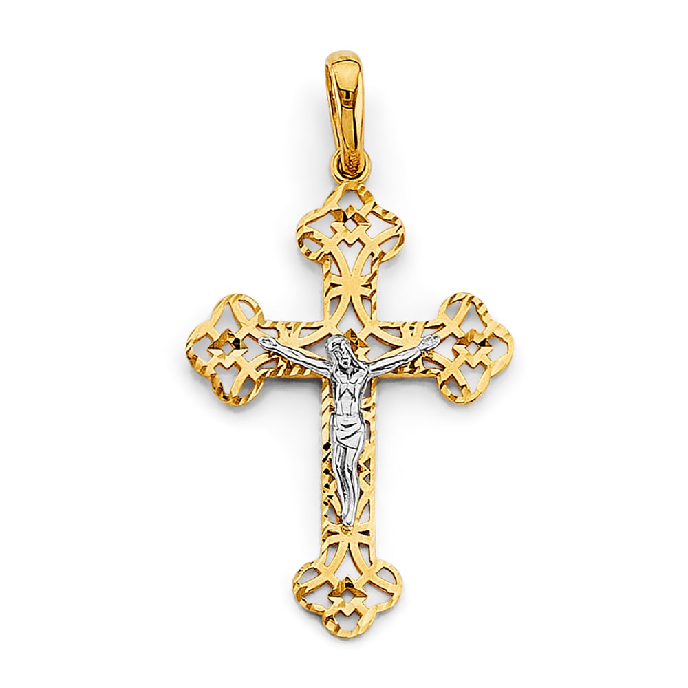 14K 2T CRUCUFIX CROSS PENDANT: 14K 2T Crucufix Cross Pendant Type: Pendant Material Type: 14k Gold Material Color: Two Tone Avg. Weight: 2.4 Gr. Size: Height : 40 mm, Width : 23 mm Accessories: None Notice: When purchasing