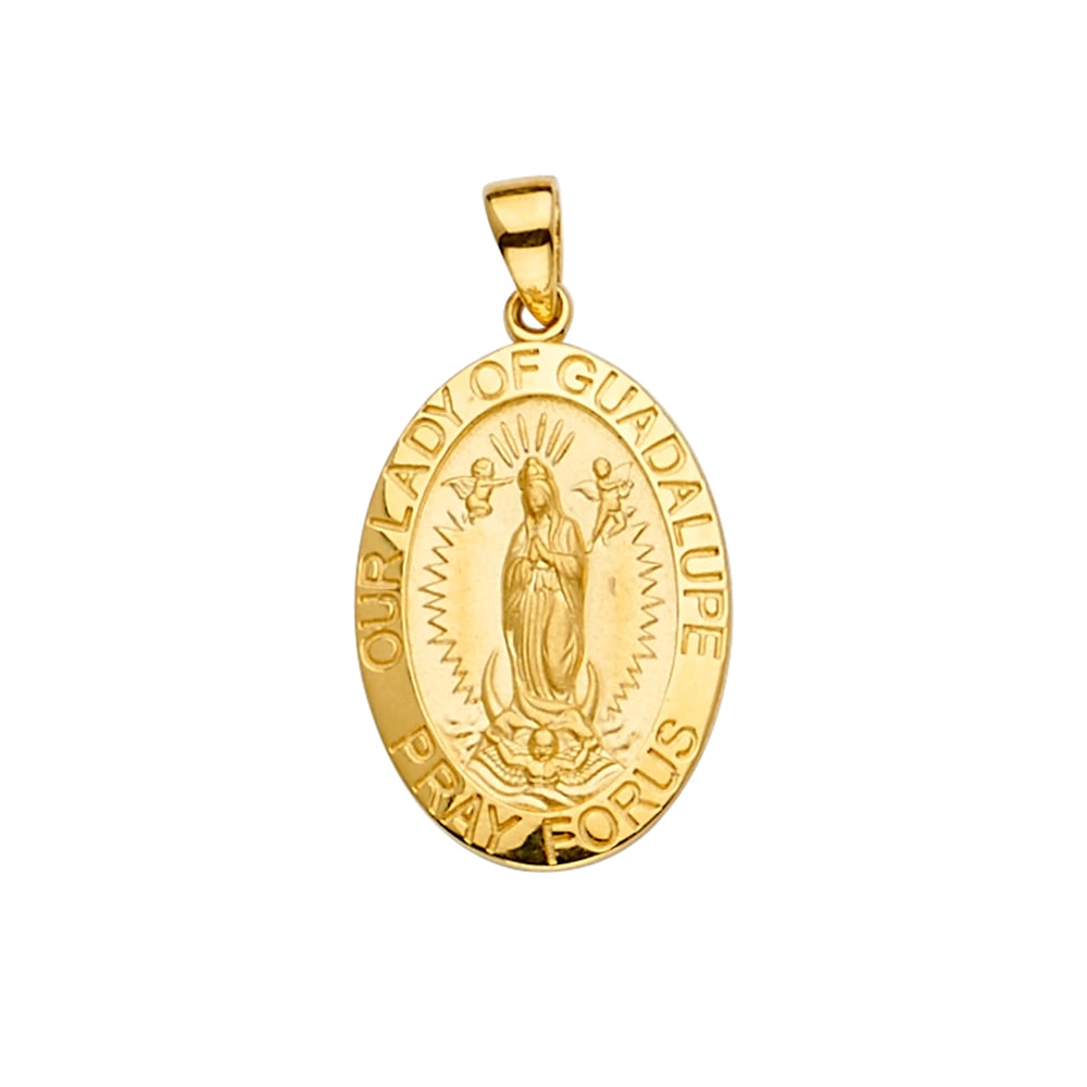 14KY GUADALUPE MEDAL PENDANT: 14KY Guadalupe Medal Pendant Type: Pendant Material Type: 14k Gold Material Color: Yellow Avg. Weight: 2.05 Gr. Size: Height : 27 mm,Width : 15 mm Accessories: None Notice: When purchasing pre-owned