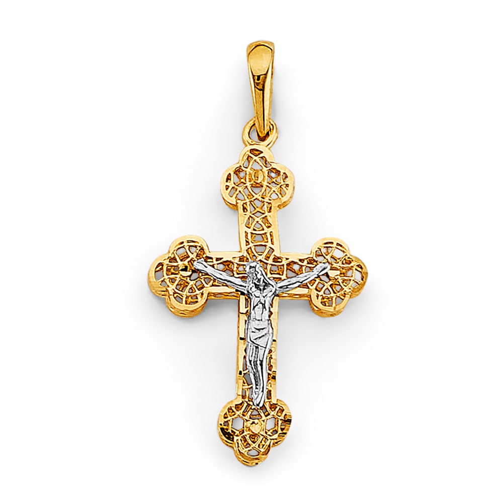 14K 2T CRUCUFIX CROSS PENDANT: 14K 2T Crucufix Cross Pendant Type: Pendant Material Type: 14k Gold Material Color: Two Tone Avg. Weight: 1.58 Gr. Size: Height : 35 mm, Width : 18 mm Accessories: None Notice: When purchasing