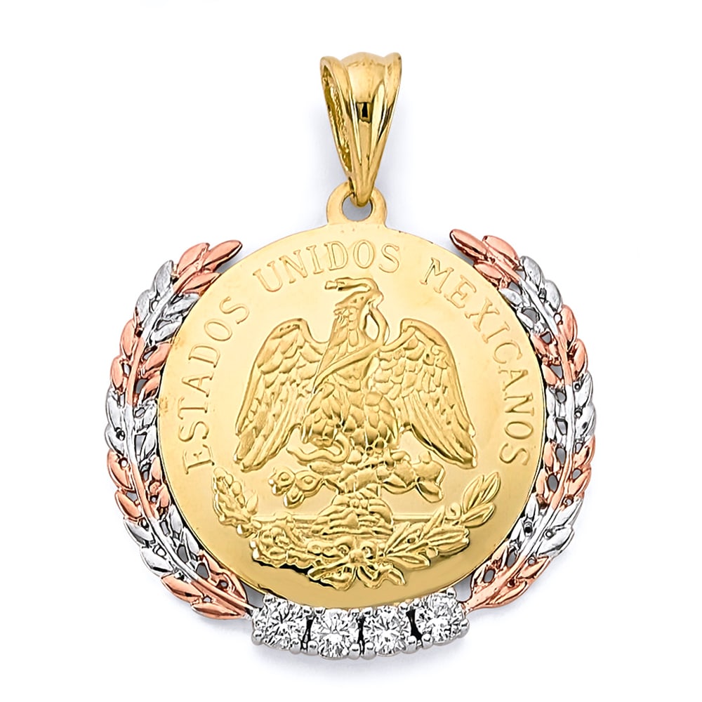 14K 3C CZ FRAMED MEDAL COIN PENDANT: 14K 3C CZ Framed Medal Coin Pendant Type: Pendant Material Type: 14k Gold Material Color: Tri Color Avg. Weight: 6.93 Gr. Size: Height : 40 mm, Width : 32 mm Accessories: None Notice: When purchasing