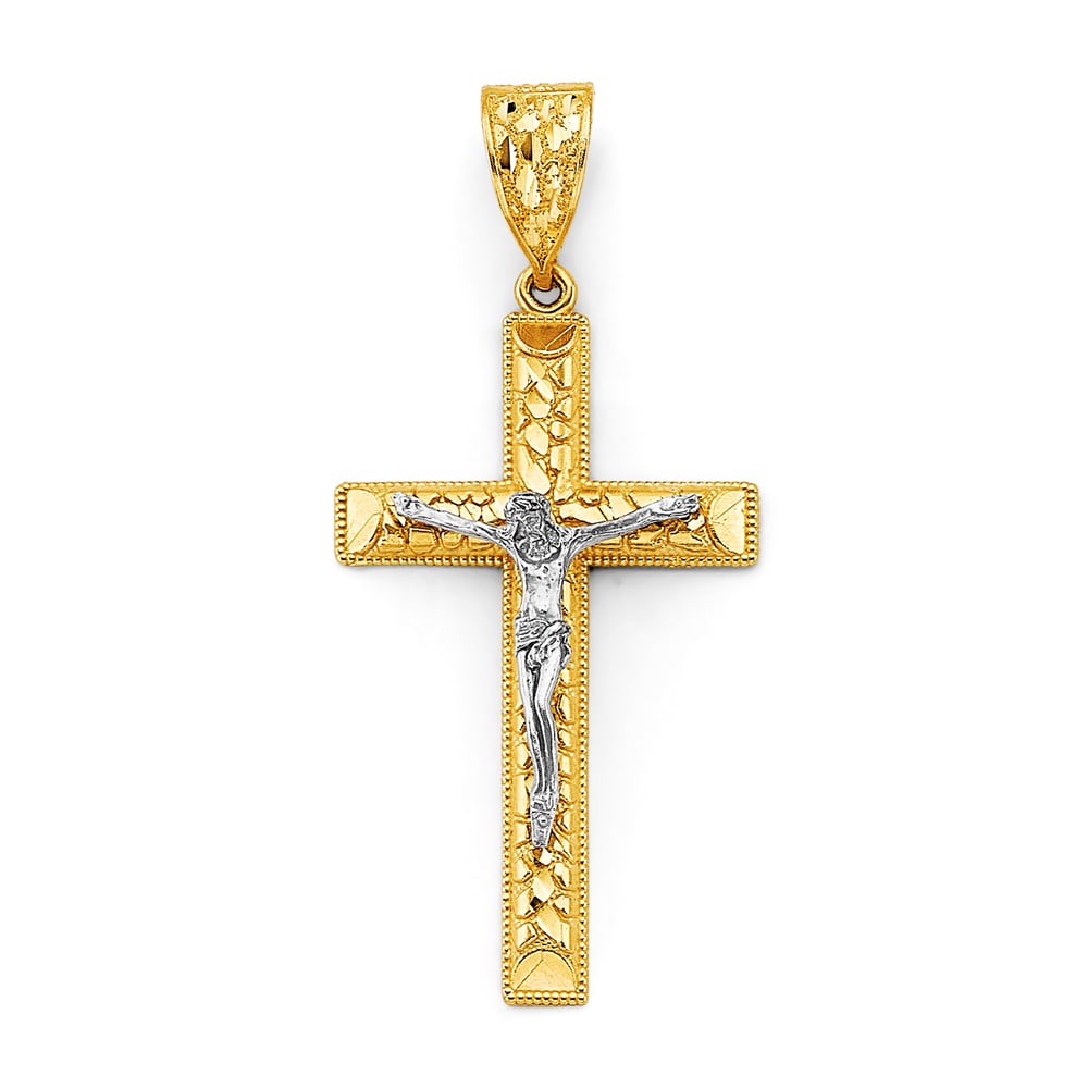 14K 2T CRUCUFIX CROSS PENDANT: 14K 2T Crucufix Cross Pendant Type: Pendant Material Type: 14k Gold Material Color: Two Tone Avg. Weight: 7.53 Gr. Size: Height : 65 mm, Width : 30 mm Accessories: None Notice: When purchasing