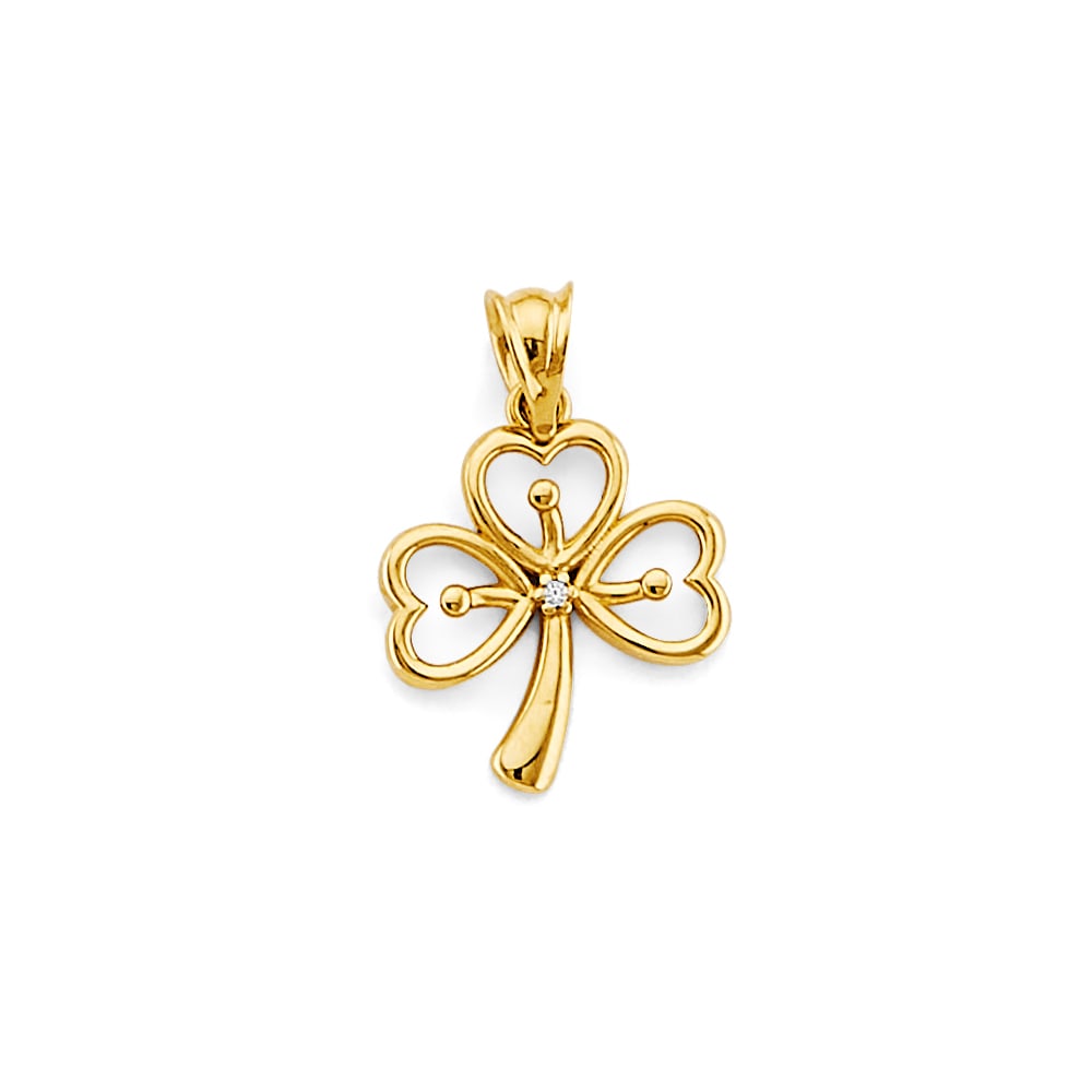 14KY CZ CLOVER PENDANT: 14KY CZ Clover Pendant Type: Pendant Material Type: 14k Gold Material Color: Yellow Avg. Weight: 1.02 Gr. Size: Height : 20 mm, Width : 13 mm Accessories: None Notice: When purchasing pre-owned