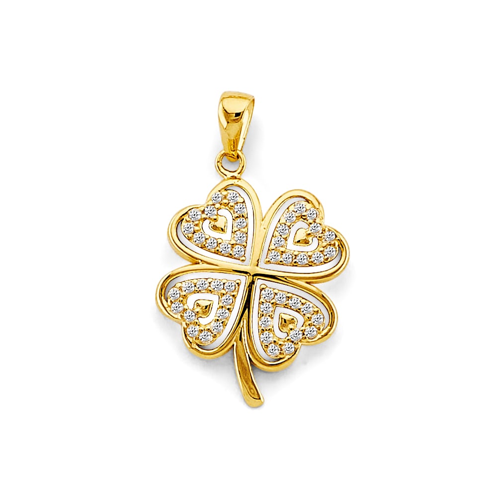 14KY CZ HEART CLOVER PENDANT: 14KY CZ Heart Clover Pendant Type: Pendant Material Type: 14k Gold Material Color: Yellow Avg. Weight: 1.65 Gr. Size: Height : 25 mm, Width : 15 mm Accessories: None Notice: When purchasin