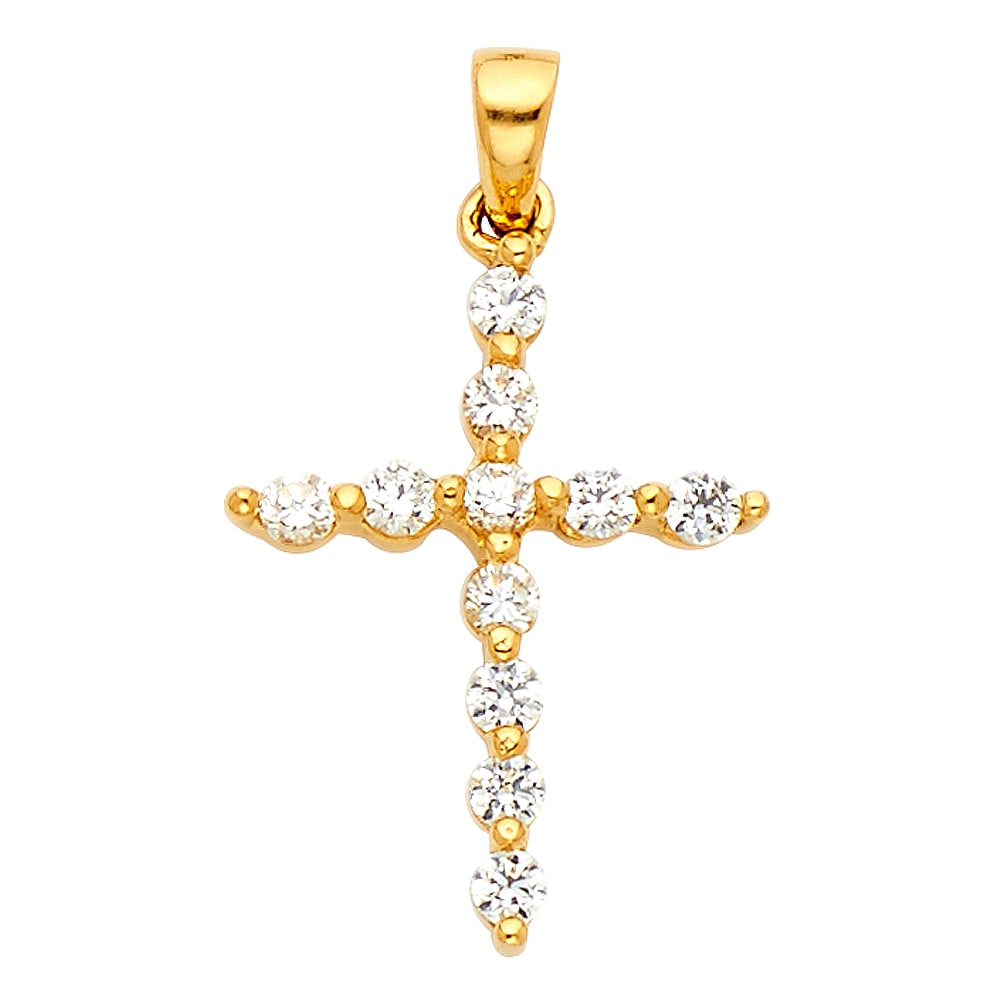 14KY CZ CROSS PENDANT: 14KY CZ Cross Pendant Type: Pendant Material Type: 14k Gold Material Color: Yellow Avg. Weight: 0.82 Gr. Size: Height : 20 mm,Width : 14 mm Accessories: None Notice: When purchasing pre-ow