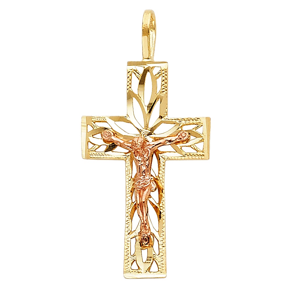 14K 2T CRUCUFIX PENDANT: 14K 2T Crucufix Pendant Type: Pendant Material Type: 14k Gold Material Color: Two Tone Avg. Weight: 1.2 Gr. Size: Height : 26 mm Width : 15 mm Accessories: None Notice: When purchasing pre-owned
