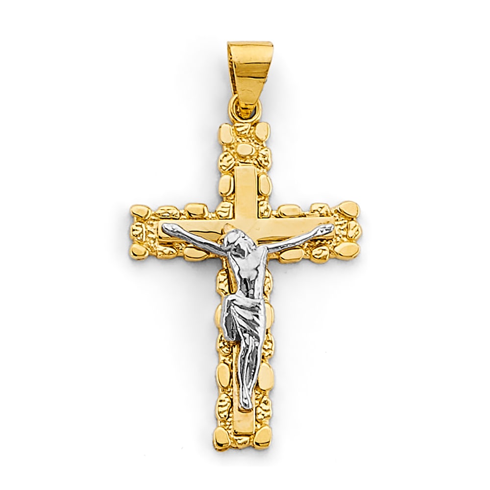 14K 2T CRUCUFIX CROSS PENDANT: 14K 2T Crucufix Cross Pendant Type: Pendant Material Type: 14k Gold Material Color: Two Tone Avg. Weight: 2.48 Gr. Size: Height : 40 mm, Width : 20 mm Accessories: None Notice: When purchasing