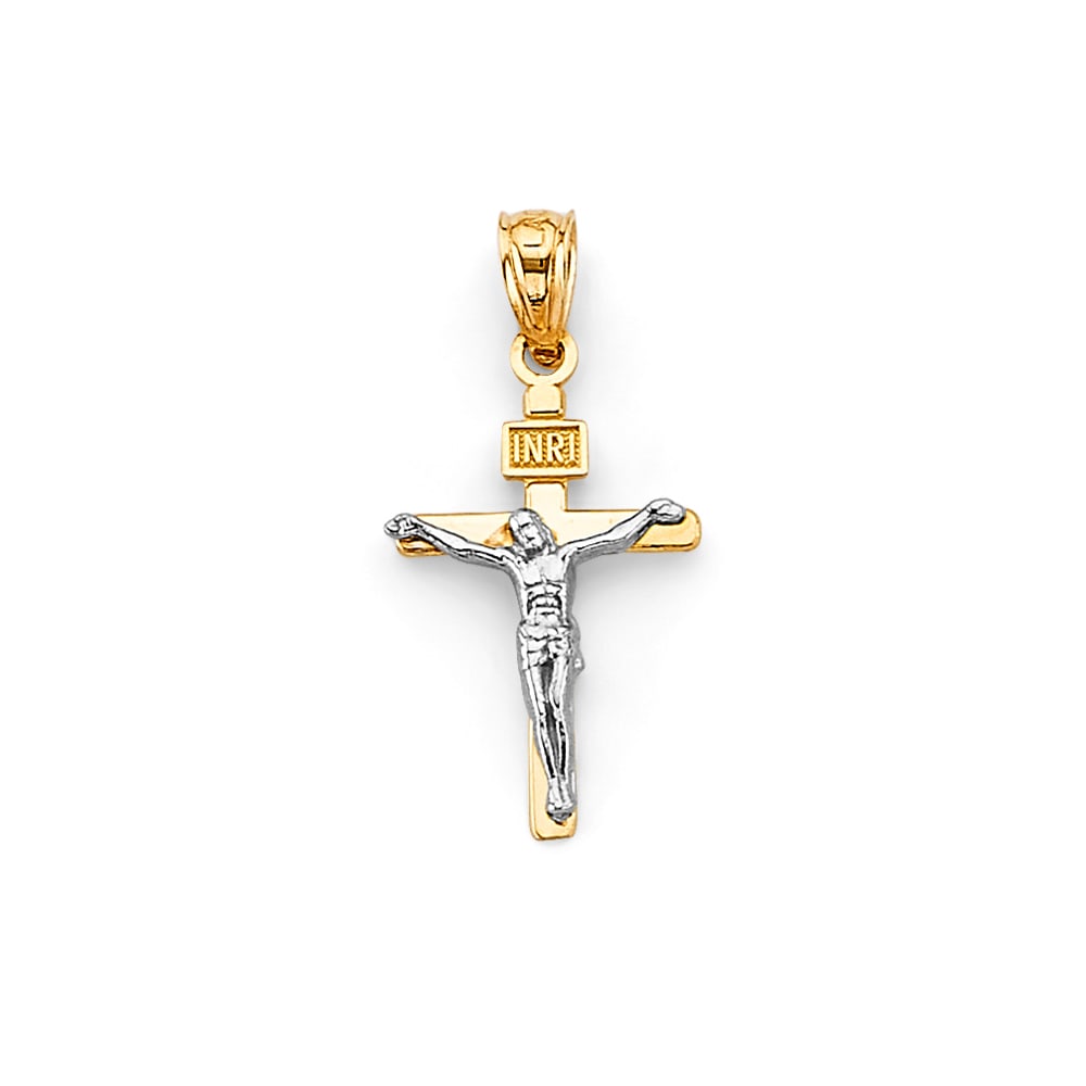 14K 2T CRUCUFIX CROSS PENDANT: 14K 2T Crucufix Cross Pendant Type: Pendant Material Type: 14k Gold Material Color: Two Tone Avg. Weight: 0.76 Gr. Size: Height : 28 mm, Width : 15 mm Accessories: None Notice: When purchasing