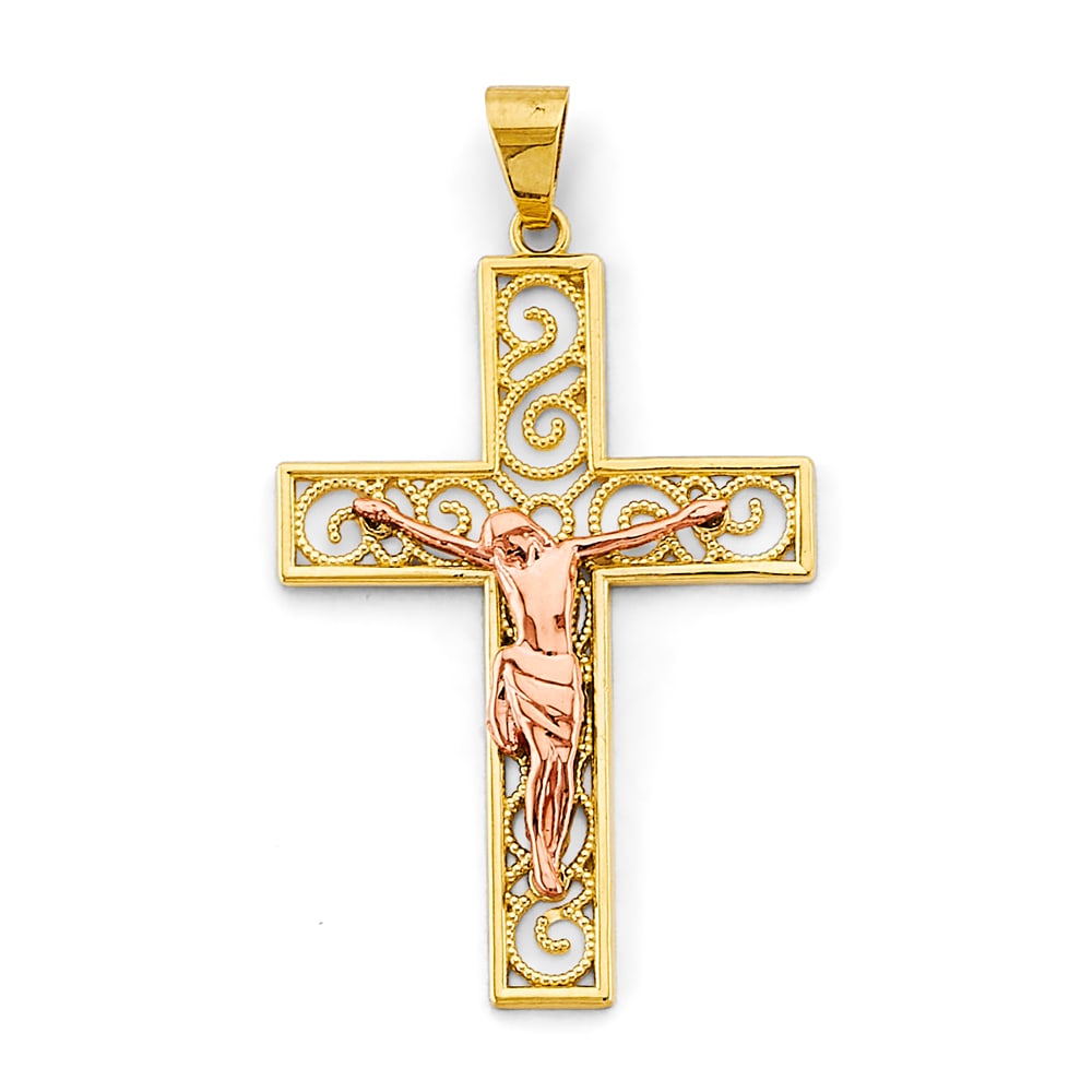 14K 2C CRUCUFIX CROSS PENDANT: 14K 2C Crucufix Cross Pendant Type: Pendant Material Type: 14k Gold Material Color: Two Tone Avg. Weight: 5.23 Gr. Size: Height : 55 mm, Width : 30 mm Accessories: None Notice: When purchasing